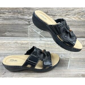 Clarks Merliah 2 Belle Women's 9 Wedge Sandals Black Leather Casual Summer Chic